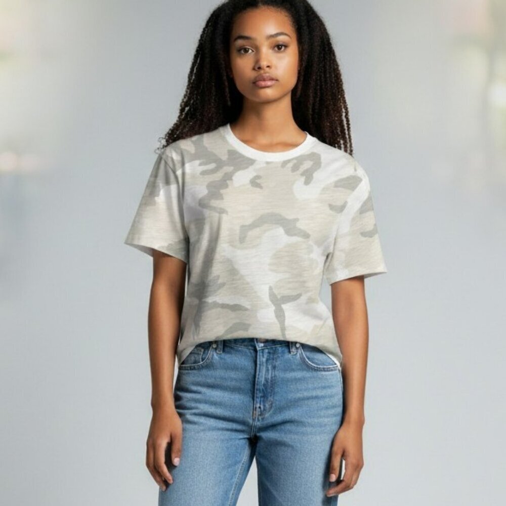 We the Free People Womens XS Ivory Camouflage Camo Round Neck T Shirt Tee Top